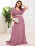 Plus Size Empire Waist V Back Bridesmaid Dress with Short Sleeves – Purple Orchid