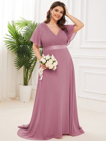 Plus Size Empire Waist V Back Bridesmaid Dress with Short Sleeves - Purple Orchid