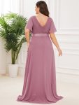 Plus Size Empire Waist V Back Bridesmaid Dress with Short Sleeves – Purple Orchid