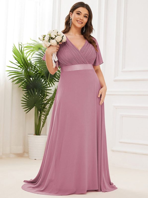 Plus Size Empire Waist V Back Bridesmaid Dress with Short Sleeves - Purple Orchid