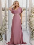 Long Empire Waist Bridesmaid Dress with Short Flutter Sleeves - Purple Orchid