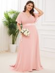 Long Chiffon Empire Waist Bridesmaid Dress with Short Flutter Sleeves – Pink