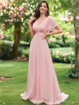 Long Chiffon Empire Waist Bridesmaid Dress with Short Flutter Sleeves - Pink