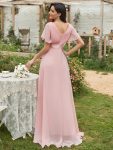 Long Chiffon Empire Waist Bridesmaid Dress with Short Flutter Sleeves – Pink