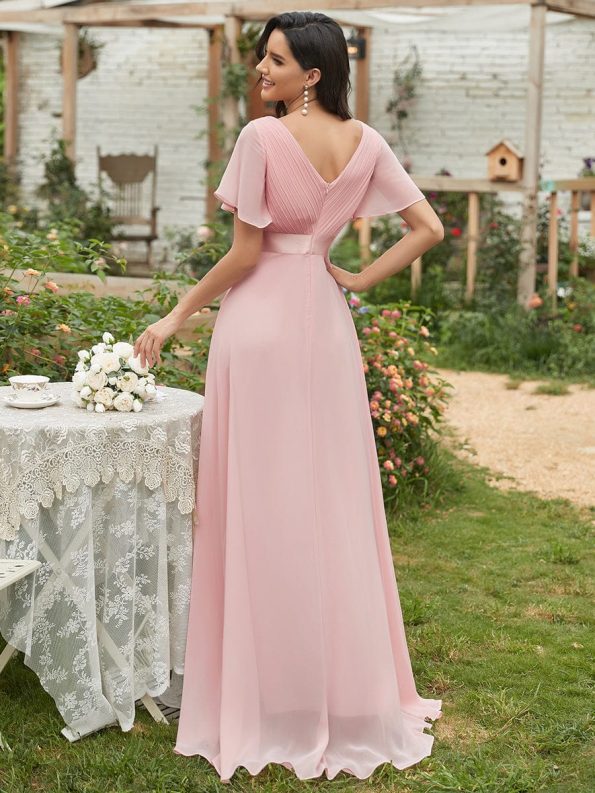 Long Chiffon Empire Waist Bridesmaid Dress with Short Flutter Sleeves - Pink