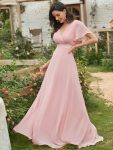 Long Chiffon Empire Waist Bridesmaid Dress with Short Flutter Sleeves – Pink