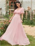 Long Chiffon Empire Waist Bridesmaid Dress with Short Flutter Sleeves – Pink