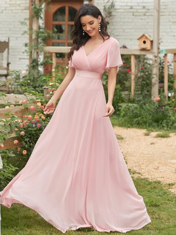 Long Chiffon Empire Waist Bridesmaid Dress with Short Flutter Sleeves - Pink