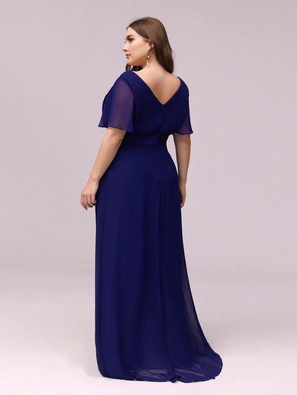 Long Chiffon Empire Waist Bridesmaid Dress with Short Flutter Sleeves - Royal Blue