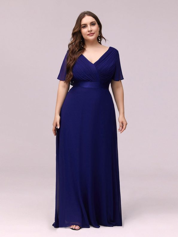 Plus Size Simple Empire Waist Flutter Sleeve Evening Dress - Royal Blue