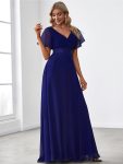 Long Chiffon Empire Waist Bridesmaid Dress with Short Flutter Sleeves – Royal Blue