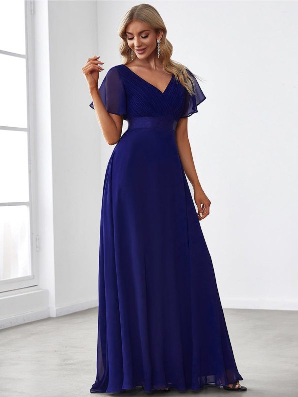 Long Chiffon Empire Waist Bridesmaid Dress with Short Flutter Sleeves - Royal Blue