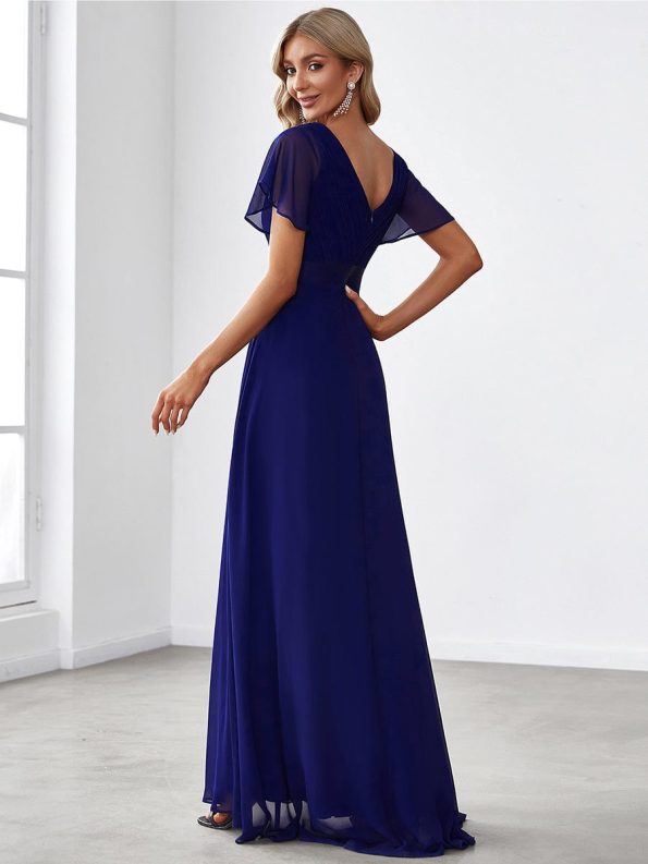 Long Chiffon Empire Waist Bridesmaid Dress with Short Flutter Sleeves - Royal Blue