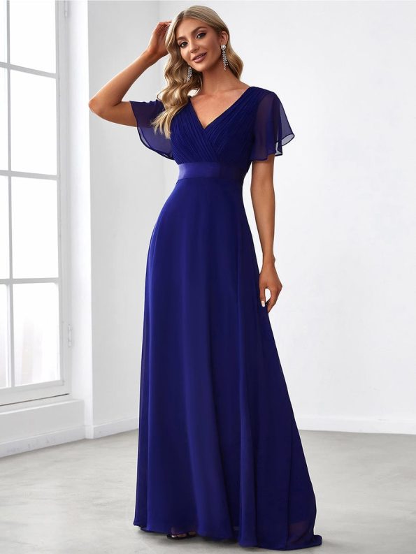 Long Chiffon Empire Waist Bridesmaid Dress with Short Flutter Sleeves - Royal Blue