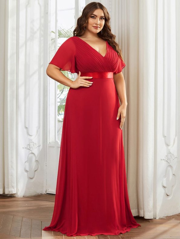 Plus Size Simple Empire Waist Flutter Sleeve Evening Dress - Red