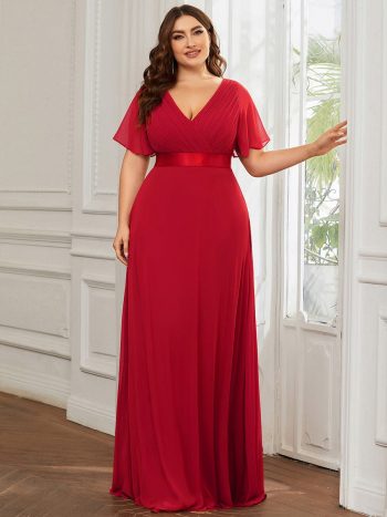 Plus Size Simple Empire Waist Flutter Sleeve Evening Dress - Red