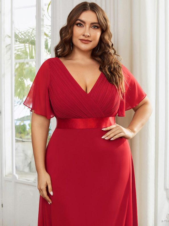 Plus Size Simple Empire Waist Flutter Sleeve Evening Dress - Red