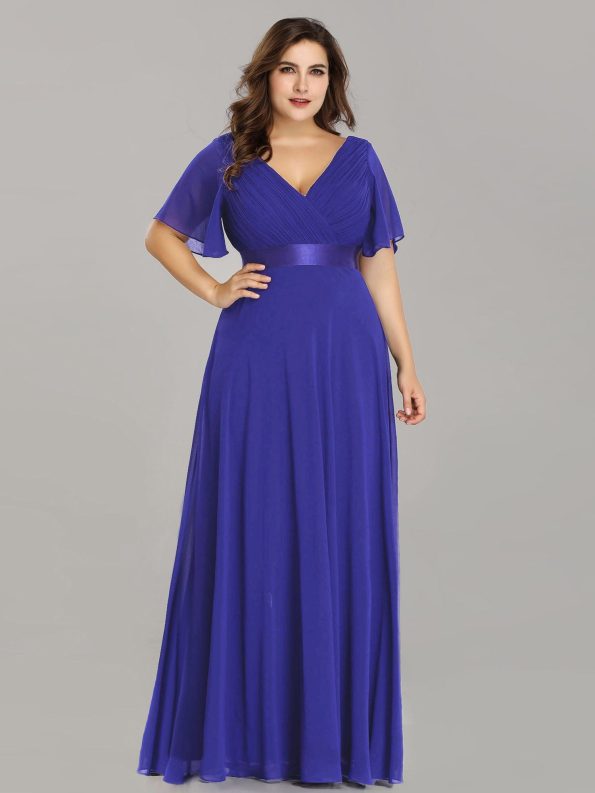 Custom Size Flutter Sleeves Chiffon Empire Waist Bridesmaid Dress - Sapphire Blue