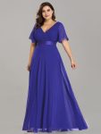 Long Chiffon Empire Waist Bridesmaid Dress with Short Flutter Sleeves – Sapphire Blue