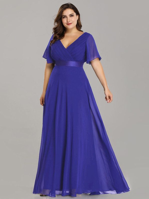 Long Chiffon Empire Waist Bridesmaid Dress with Short Flutter Sleeves - Sapphire Blue