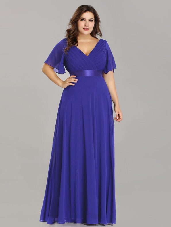 Plus Size Empire Waist V Back Bridesmaid Dress with Short Sleeves - Sapphire Blue