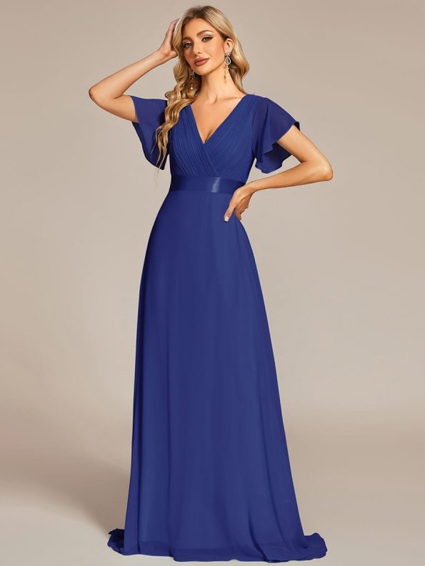 Long Chiffon Empire Waist Bridesmaid Dress with Short Flutter Sleeves - Sapphire Blue