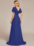 Long Chiffon Empire Waist Bridesmaid Dress with Short Flutter Sleeves – Sapphire Blue