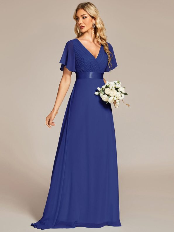 Long Chiffon Empire Waist Bridesmaid Dress with Short Flutter Sleeves - Sapphire Blue