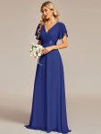 Long Chiffon Empire Waist Bridesmaid Dress with Short Flutter Sleeves – Sapphire Blue