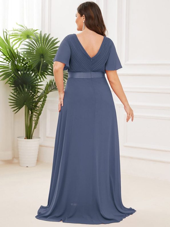 Long Empire Waist Bridesmaid Dress with Short Flutter Sleeves - Stormy