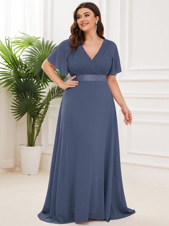 Plus Size Empire Waist V Back Bridesmaid Dress with Short Sleeves - Stormy