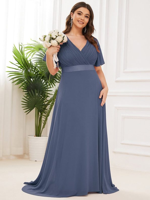 Plus Size Empire Waist V Back Bridesmaid Dress with Short Sleeves - Stormy