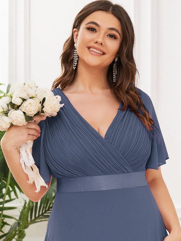 Plus Size Empire Waist V Back Bridesmaid Dress with Short Sleeves - Stormy