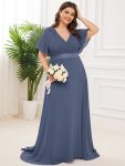 Long Empire Waist Bridesmaid Dress with Short Flutter Sleeves – Stormy