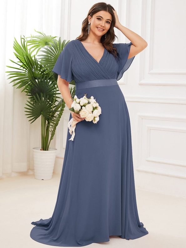 Long Empire Waist Bridesmaid Dress with Short Flutter Sleeves - Stormy