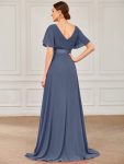 Long Empire Waist Bridesmaid Dress with Short Flutter Sleeves – Stormy