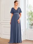 Long Empire Waist Bridesmaid Dress with Short Flutter Sleeves – Stormy