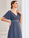 Long Empire Waist Bridesmaid Dress with Short Flutter Sleeves – Stormy