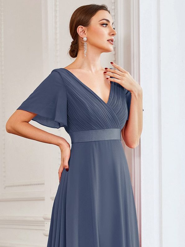 Long Empire Waist Bridesmaid Dress with Short Flutter Sleeves - Stormy