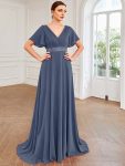 Long Empire Waist Bridesmaid Dress with Short Flutter Sleeves – Stormy