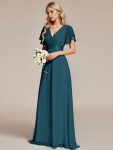 Long Chiffon Empire Waist Bridesmaid Dress with Short Flutter Sleeves – Teal