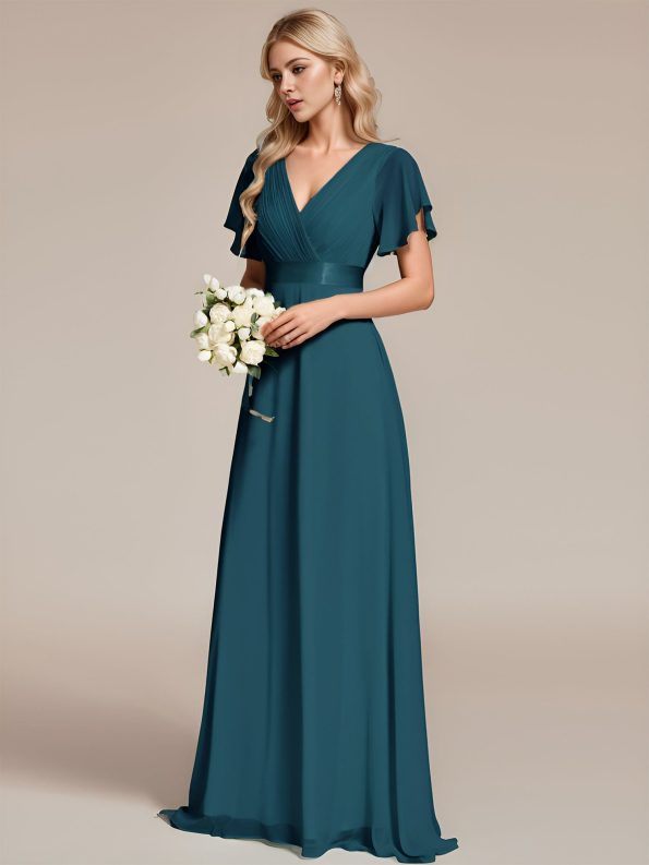 Long Chiffon Empire Waist Bridesmaid Dress with Short Flutter Sleeves - Teal