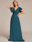 Long Chiffon Empire Waist Bridesmaid Dress with Short Flutter Sleeves – Teal