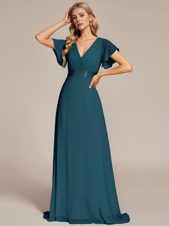 Long Chiffon Empire Waist Bridesmaid Dress with Short Flutter Sleeves - Teal