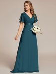 Long Chiffon Empire Waist Bridesmaid Dress with Short Flutter Sleeves – Teal