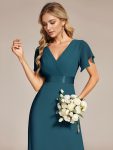 Long Chiffon Empire Waist Bridesmaid Dress with Short Flutter Sleeves – Teal