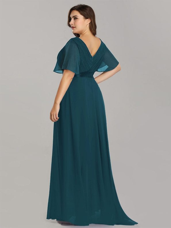 Long Chiffon Empire Waist Bridesmaid Dress with Short Flutter Sleeves - Teal