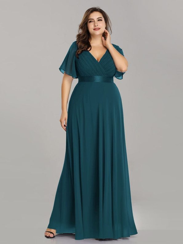 Long Chiffon Empire Waist Bridesmaid Dress with Short Flutter Sleeves - Teal