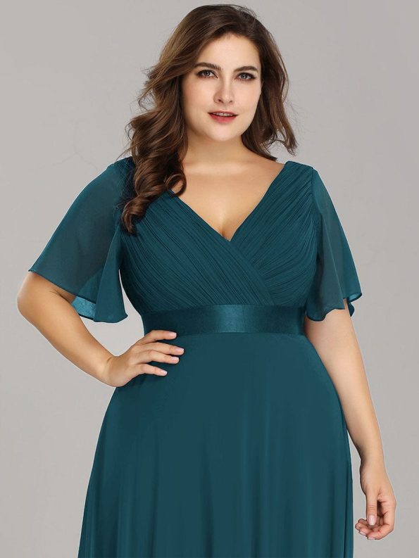 Long Chiffon Empire Waist Bridesmaid Dress with Short Flutter Sleeves - Teal