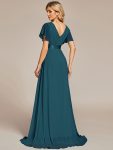 Long Chiffon Empire Waist Bridesmaid Dress with Short Flutter Sleeves – Teal